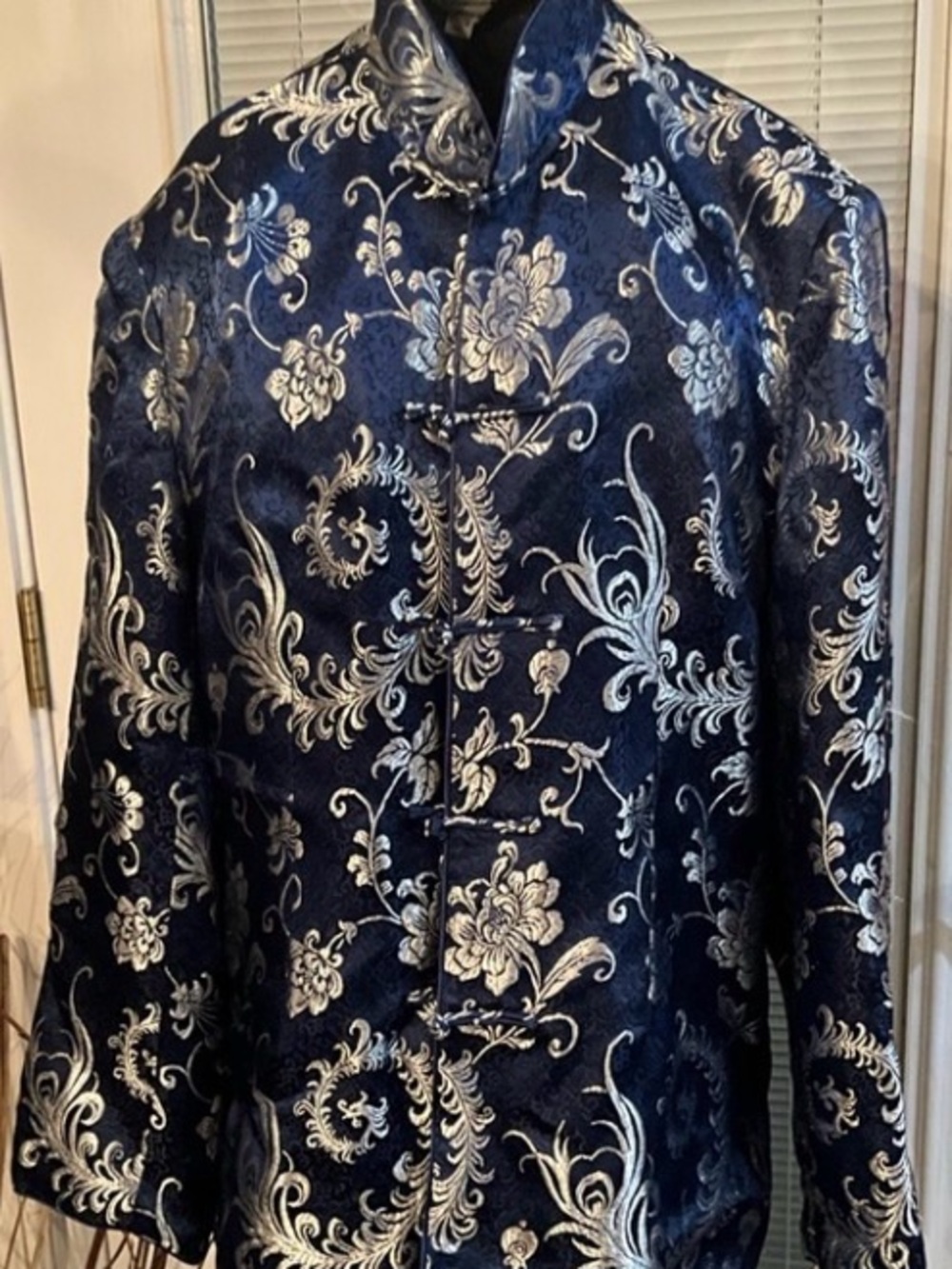 Elegant Asian-Inspired, Silky, Blue Floral Embroidered Jacket